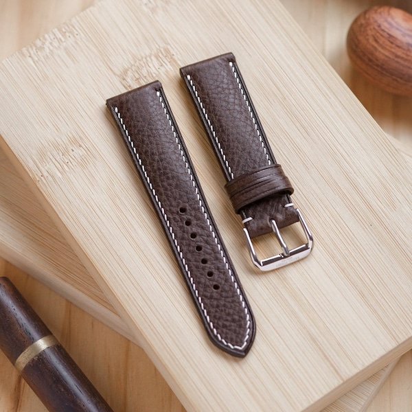 Chocolate Brown "Vachetta" Pebbled Grain Calfskin Leather Watch Strap -  - 16mm 17mm 18mm 19mm 20mm 21mm