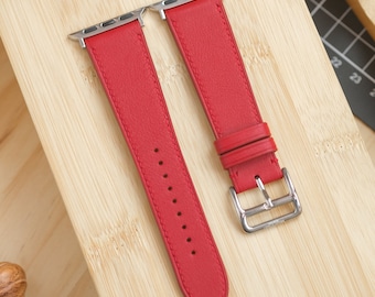 Hand-Stitched Heart Red Italian Leather Watch Strap for Apple Watch
