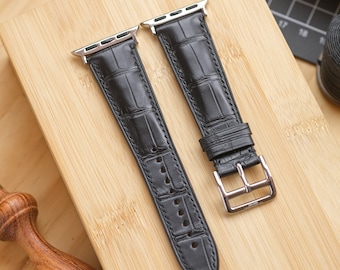 Black AIIigator Leather Apple Watch Strap