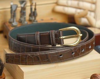 Dark Brown AIIigator Handstitched Dress Belt - Custom Made