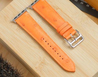 Handcrafted Orange Ostrich Leather Apple Watch Band - Limited Edition