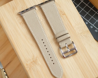Beige Epsom French Calfskin Handmade Strap for Apple Watch Series 3 4 5 6 7 8 9 Ultra SE