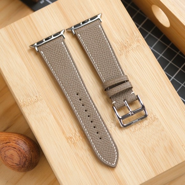 Etoupe Taupe Epsom French Calfskin Handmade Strap for Apple Watch Series 3 4 5 6 7 8 Ultra SE