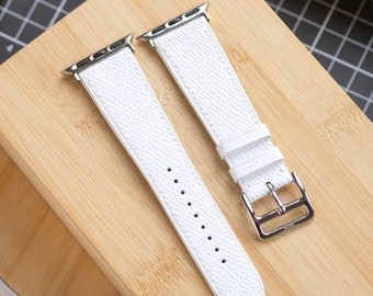 Bracelet Apple Watch Veau Français Epsom Blanc Fait Main - Apple Watch Series 3 5 6 7 8 Ultra