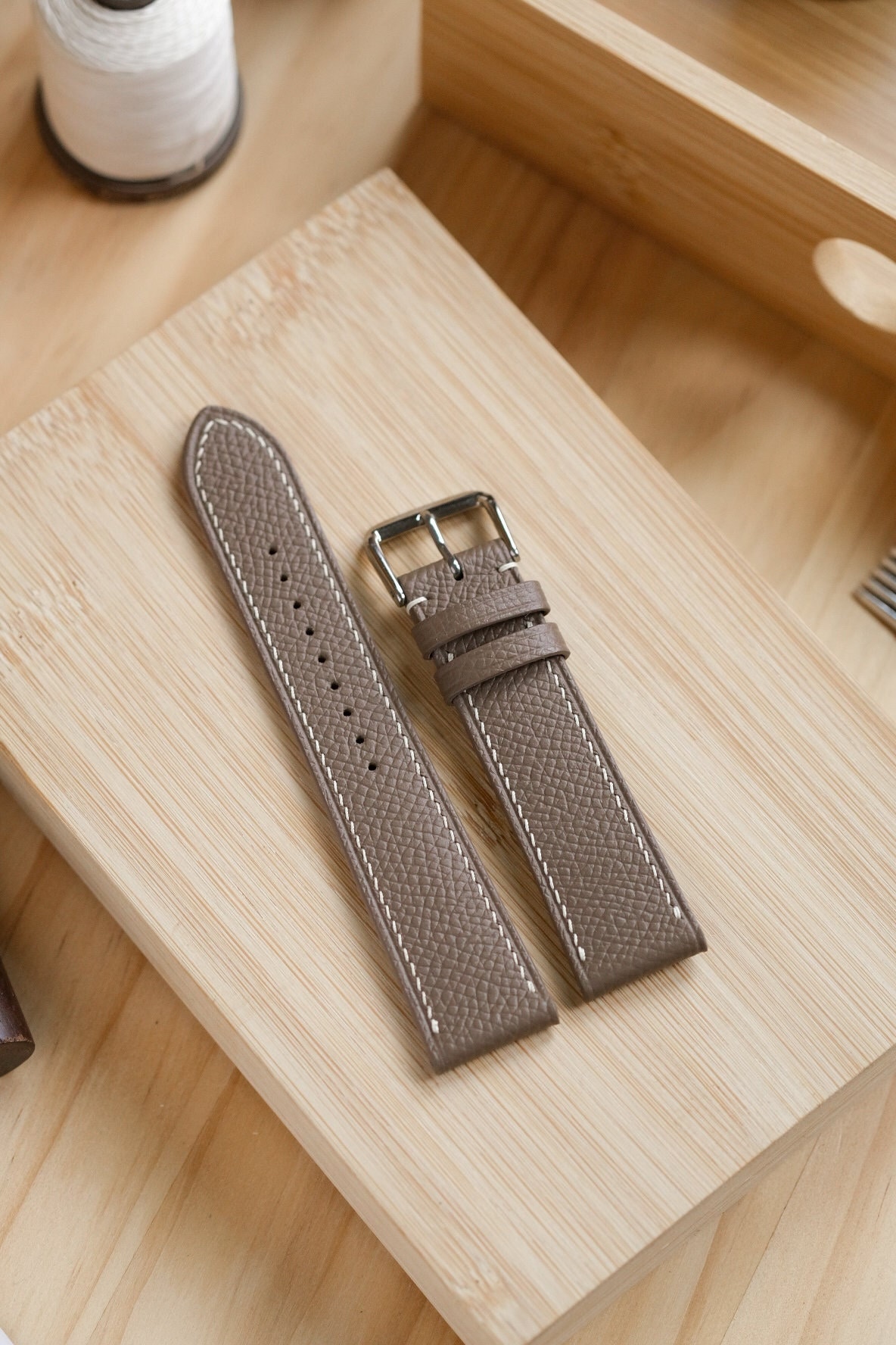 Taupe Etoupe Epsom French Calfskin Watch Strap (Handmade and Hand Stitched)