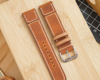 Cognac Brown Waxy Reverse Folded Watch Strap for JLC Reverso and other watches