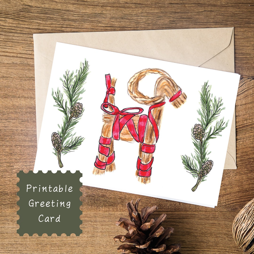 INSTANT DOWNLOAD Printable Scandinavian Christmas Card | Swedish Straw Goat, Pine Branch ...