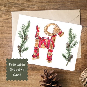 INSTANT DOWNLOAD Printable Scandinavian Christmas Card | Swedish Straw Goat, Pine Branch Original Art | Traditional Nordic Greeting Card