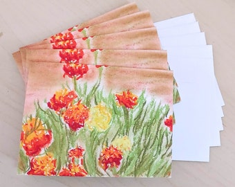 5 Pack Marigold Greeting Cards (Incl. Envelopes) Blank Inside, 5.5" x 4" Original Artwork Orange Yellow Green Chalk Pastel Drawing