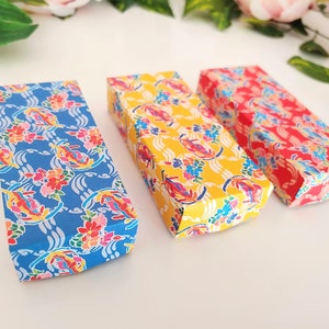 3 Pack Small Rectangle Paper Boxes w/ Lids (3.75&quot; x 1.75&quot; x 0.75&quot;) Red, Blue, Yellow Phoenix Pattern Origami Masu Boxes | Gift Wrap Ideas