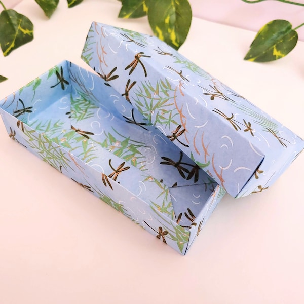 Rectangular Origami Box: Light Blue Dragonflies (5" x 2.25" x 1") Yuzen Washi Paper | Empty Gift Box | Gift Wrapping Ideas for Jewelry