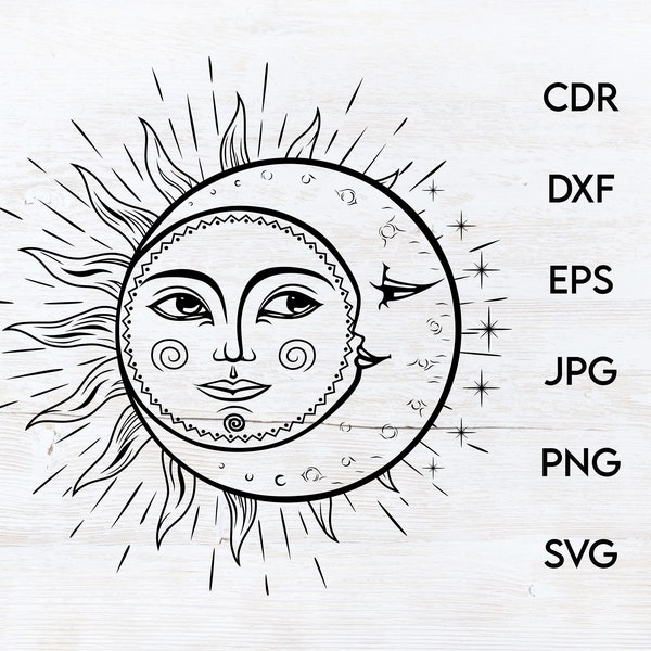 Sun moon face svg, celestial face pendant, sun moon face svg, moon clipart, vector sun print