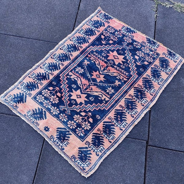 2.11x2.1feet Colors Blue and Pink Turkish Small rug vintage rug%100 wool handmade