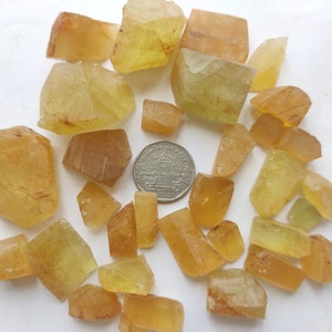Puede incluir: Una colecci&oacute;n de cristales amarillos y naranjas, algunos con un tono verdoso, dispuestos sobre una superficie blanca. Una moneda de 25 centavos de d&oacute;lar estadounidense se incluye para la escala.