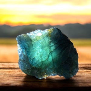K&ouml;nnte beinhalten: Ein roher, nat&uuml;rlicher Fluorit-Edelstein mit einem auff&auml;lligen blau-gr&uuml;nen Farbton. Der Kristall wird auf einer Holzoberfl&auml;che pr&auml;sentiert, mit einem verschwommenen Hintergrund eines Sonnenuntergangs &uuml;ber einem Feld und B&auml;umen. Der Stein hat eine raue, strukturierte Oberfl&auml;che.