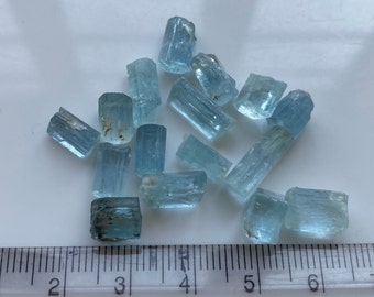 Raw Aquamarine Crystals: Transparent Blue Beryl Gemstones (7 Grams/16 Pcs)