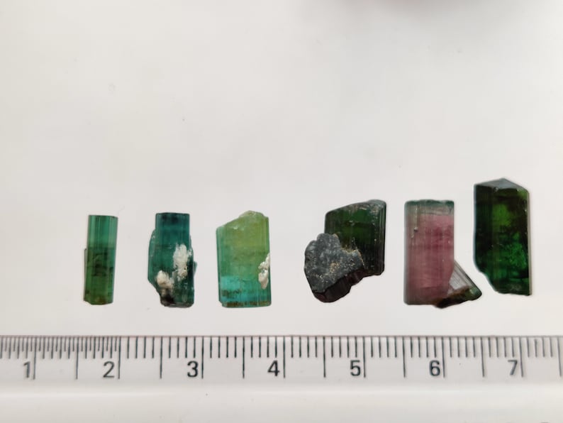 May include: A collection of six green, pink, and black tourmaline crystals on a white surface with a ruler for scale. The crystals are all different sizes and shapes.