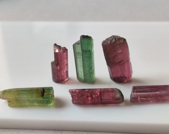May include: Five green and pink tourmaline crystals on a white surface. The crystals are various sizes and shapes, some are long and thin, others are short and thick.