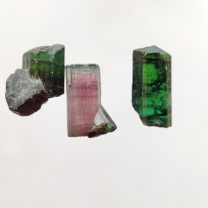 May include: Four green, pink, and black tourmaline crystals on a white background. The crystals are all different shapes and sizes.