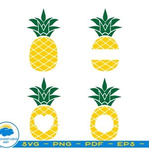 Puede incluir: Cuatro archivos de corte SVG de piñas. Dos piñas tienen un espacio en blanco para un monograma o inicial. Una piña tiene un espacio en forma de corazón para un monograma o inicial. Una piña tiene un espacio circular para un monograma o inicial.