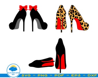May include: A set of four high heel shoe designs. Two black shoes with red bows, one leopard print shoe with a red sole, and one black shoe with a red sole.
