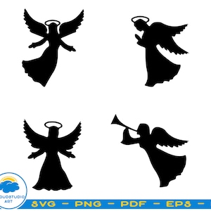 May include: Four black silhouette images of angels. The angels are depicted with wings, halos, and various poses, including one playing a trumpet.