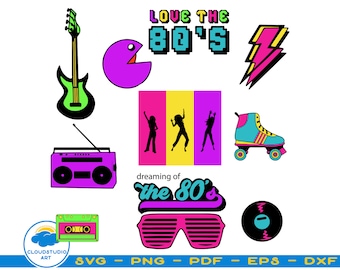 May include: A set of 80s themed digital clipart images, including a guitar, a boombox, roller skates, a cassette tape, sunglasses, a record, a lightning bolt, a Pac-Man, and two silhouettes of women dancing. The text "LOVE THE 80'S" and "dreaming of the 80's" are also included.
