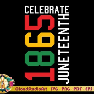 May include: Celebrate Juneteenth graphic with the year 1865 in red, yellow, and green. The text "Celebrate Juneteenth" is in white.