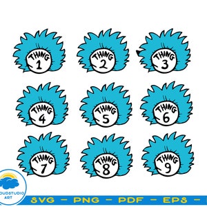 May include: Nine blue and white Thing 1-9 character illustrations from the book 'The Cat in the Hat'.