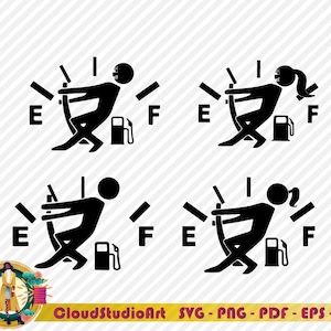 May include: Four black and white illustrations of a fuel gauge with a stick figure pushing the needle towards the 'F' for full. The stick figures are in different poses, some with arms raised and some with arms down.