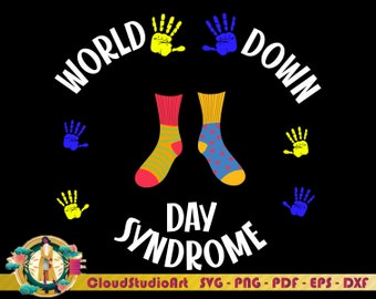 May include: World Down Syndrome Day graphic with the text "World Down Syndrome Day" and "Down" in a circle around two socks with yellow and blue handprints around the circle. The socks are yellow and blue with red and white hearts.