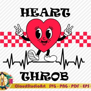 May include: A red heart with eyes and a smile, walking with its arms outstretched. The heart is on a white background with a checkered pattern and a heartbeat graphic. The text "HEART THROB" is written in black letters.
