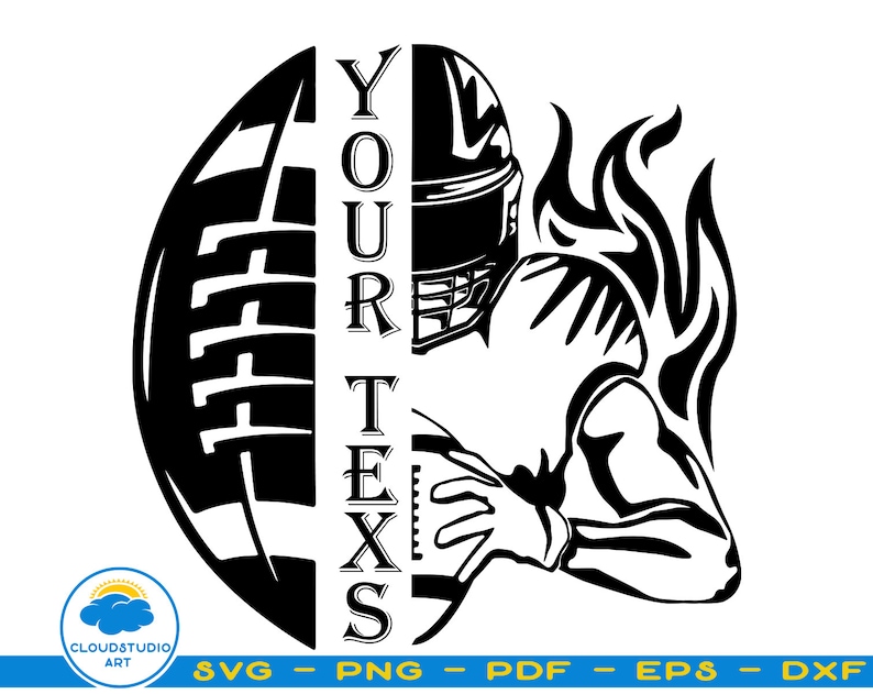 May include: Black and white silhouette of a football player wearing a helmet and catching a football. The football is split in half with the word "YOUR TEXAS" written on the side.