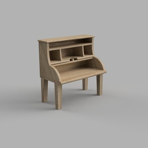 Puede incluir: Un escritorio de madera con un frente abatible y un estante arriba. El escritorio tiene un acabado marrón claro y está hecho de madera maciza.