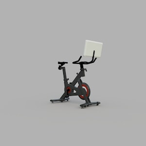 Puede incluir: Una bicicleta de ejercicio est&aacute;tica negra con una pantalla blanca unida al manillar. La bicicleta tiene un sill&iacute;n rojo y negro y un marco negro.