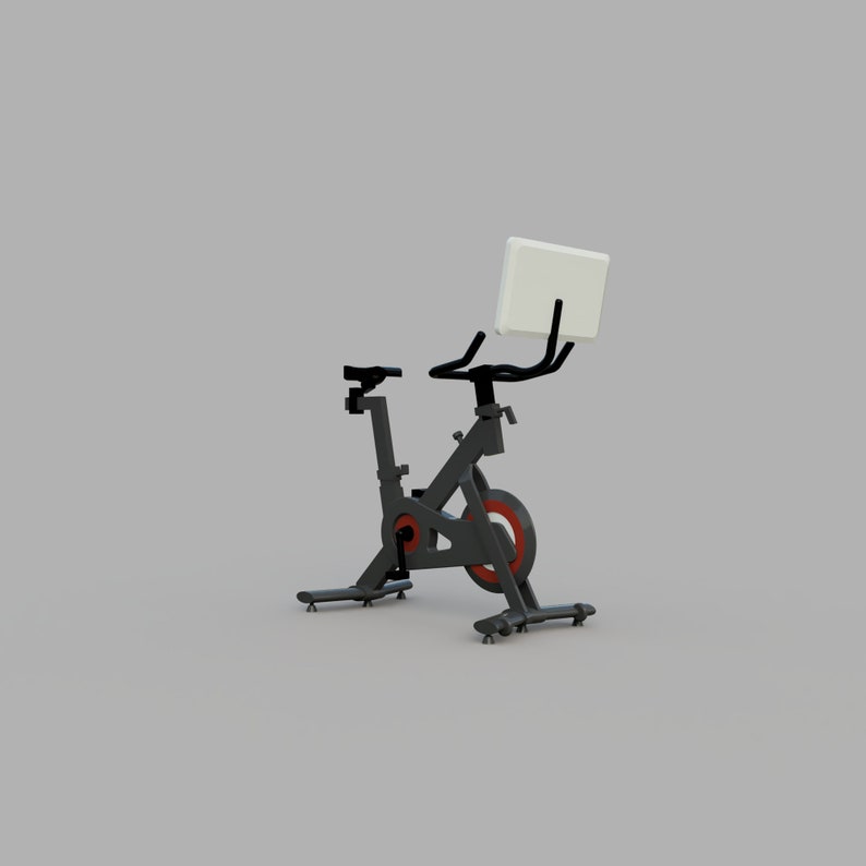 Puede incluir: Una bicicleta de ejercicio est&aacute;tica negra con una pantalla blanca unida al manillar. La bicicleta tiene un sill&iacute;n rojo y negro y un marco negro.