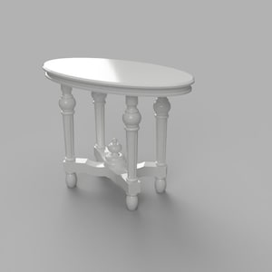 May include: White oval table with four turned legs and a decorative detail at the center of the base.