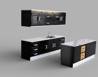 Kitchen Cupboards, Wash Basin, Drawers, Island, Dustbin - 1:6 scale - All in One