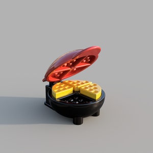 Könnte beinhalten: Ein rot-schwarzer Waffeleisen mit teilweise geöffnetem Deckel. Der Waffeleisen enthält vier gelbe Waffeln. Das Gerät befindet sich auf grauem Hintergrund. Der Waffeleisen ist zum Backen von Waffeln konzipiert.
