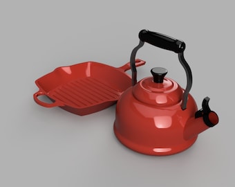 Le Creuset Square Skillet and Classic Demi Tea Kettle Kitchen Utensils | 1:6 | Dollhouse Miniature | 3D Print STL File