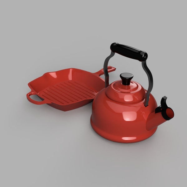 Poêle carrée Le Creuset et ustensiles de cuisine Demi Tea Kettle | 1:6 | Miniature de maison de poupée | Fichier STL d'impression 3D