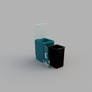 Puede incluir: Un cubo de basura de color turquesa con una tapa transparente y un cubo de basura negro en el interior. La puerta está abierta, revelando el interior. El diseño es moderno y minimalista, adecuado para el hogar o la oficina.