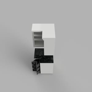 Może przedstawiać: Biała szafka narożna z półkami i czarnymi szufladami. Szuflady są otwarte i mają złote uchwyty.