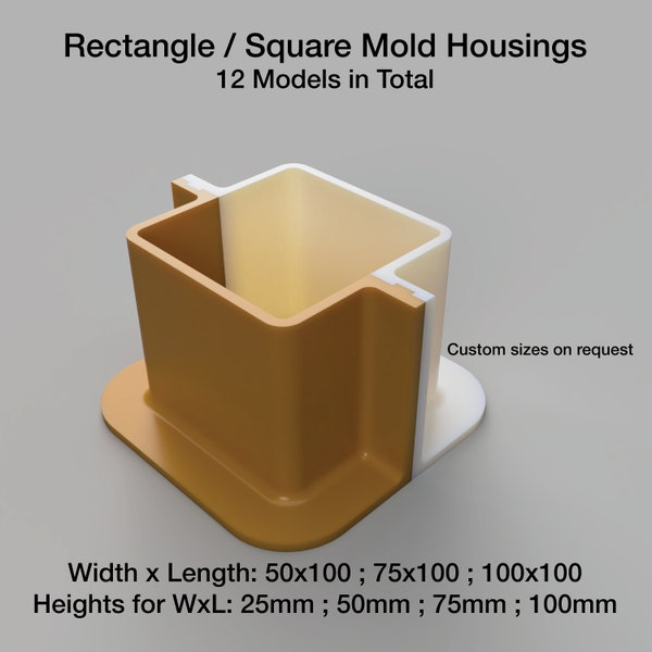 Square / Rectangular Mold Housing, 2 Wall Pieces, For 3D Printing, Reusable, Mold Making Tools