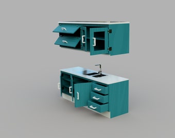 Kitchen Cupboards, Wash Basin, Drawers - 1:6 scale - All in One