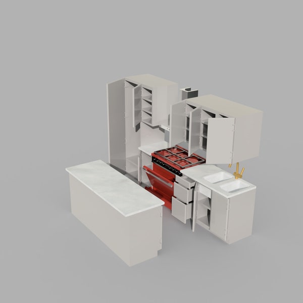 Kitchen Cupboards, Stove, Wash Basin, Center Island, Larder, Extractor Fan - 1:12 scale - ALL IN ONE