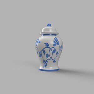 May include: A white ceramic jar with a blue floral design. The jar has a lid and a round body.