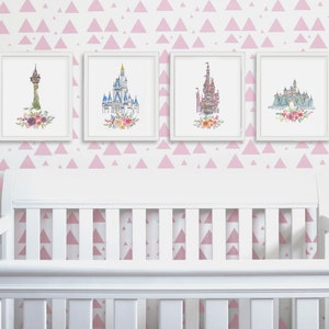 Princess Castle Art PRINT SET of 4, Cinderella Castle, Rapunzel, Beauty & Beast, Sleeping Beauty Castle, Jasmine Palace, Ariel