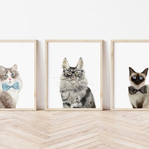 Cat Art PRINT SET of 3, Cat Wall Art, Cat Nursery Art, Cat Breeds Art, Gift for Cat Lover, Funny Cat Art