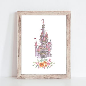 Beauty and the Beast Castle Watercolor Art, Belle Castle, Watercolor Castle, Disney World Castle, Girls Room Decor, Princess Nursery Art